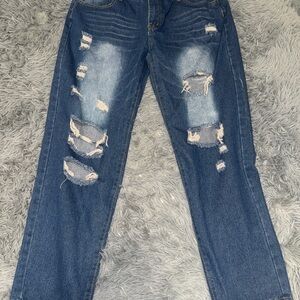 Blue Distressed‎ Boyfriend Jeans with Tapered Legs